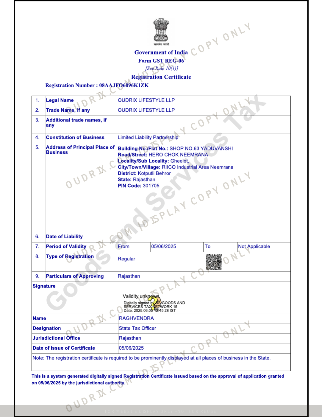 GST Registration Certificate — watermarked website display copy for Oudrix Lifestyle LLP