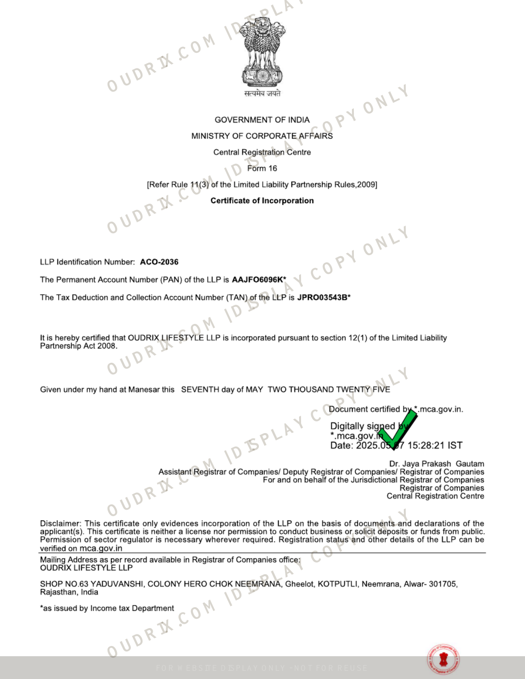 Certificate of Incorporation — watermarked website display copy for Oudrix Lifestyle LLP