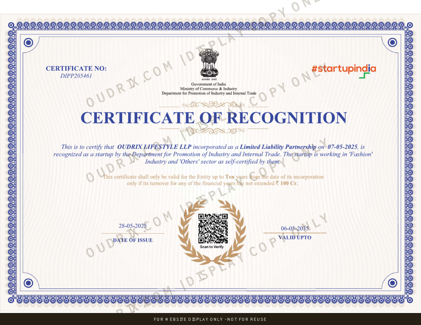 Startup India Recognition — watermarked website display copy for Oudrix Lifestyle LLP